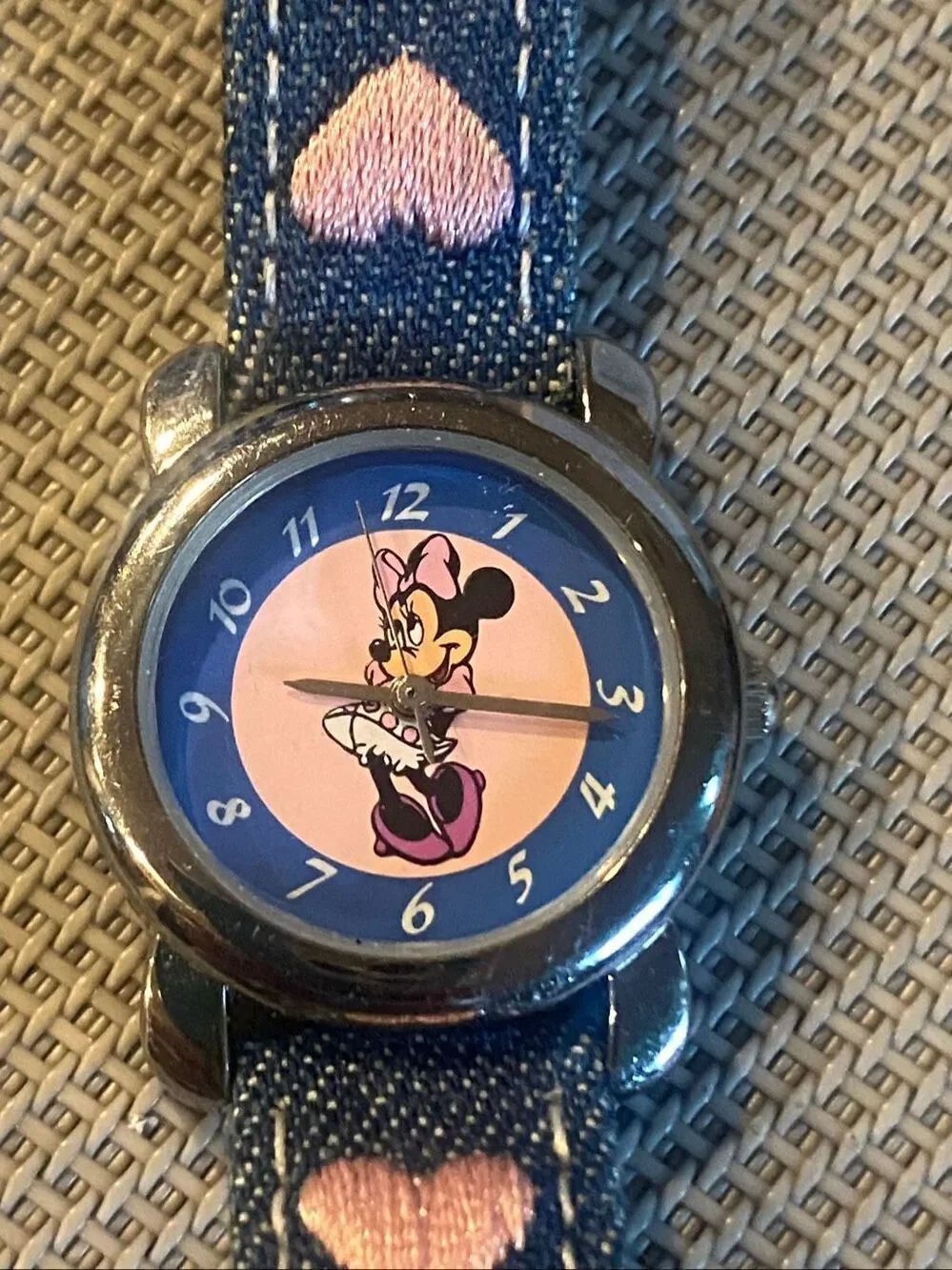 Vintage Disney Parks Minnie Mouse Watch Blue Denim Pink Heart Band